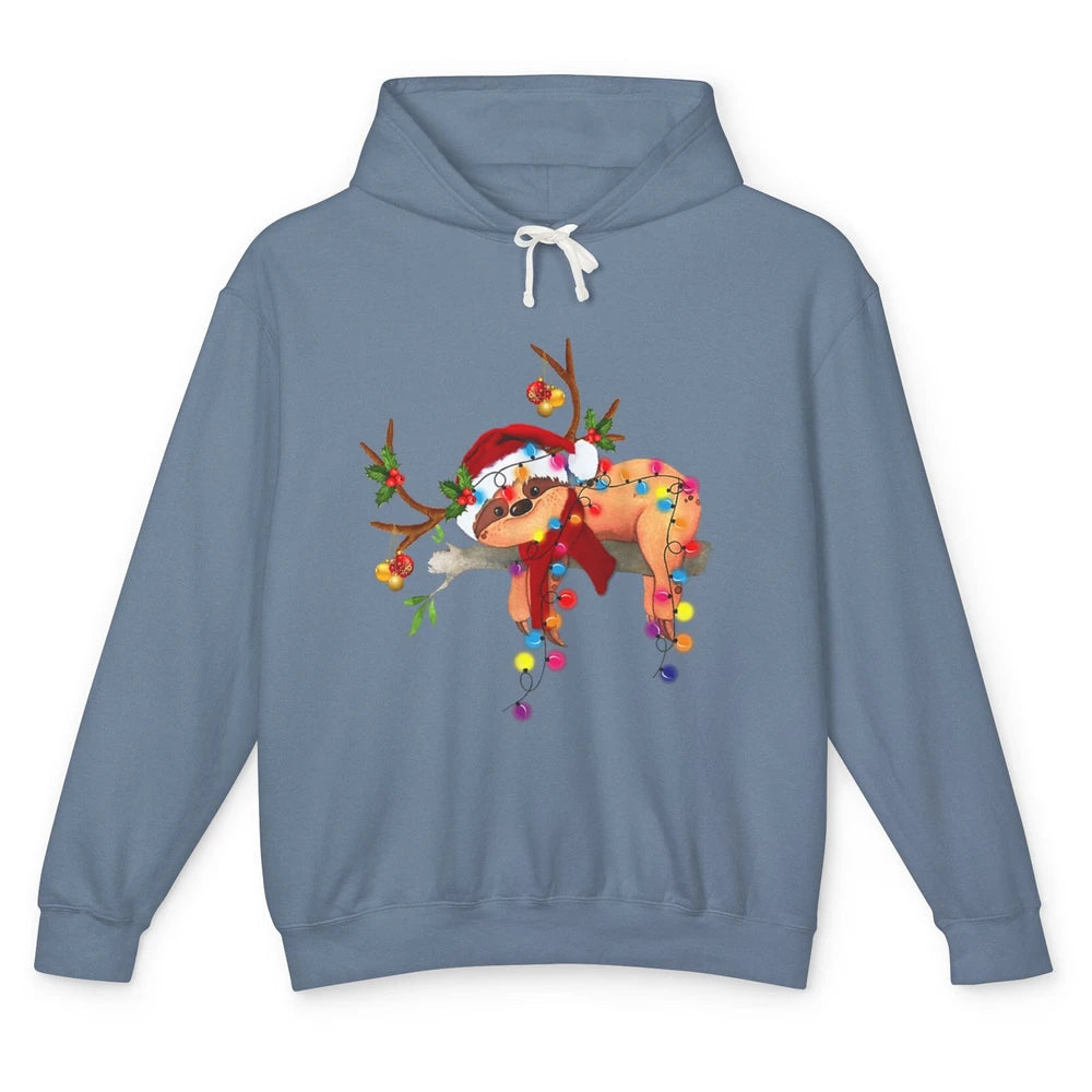 Merry Christmas Santa Claus Hat Sloth Reindeer Xmas Lights Unisex Lightweight Hoodie