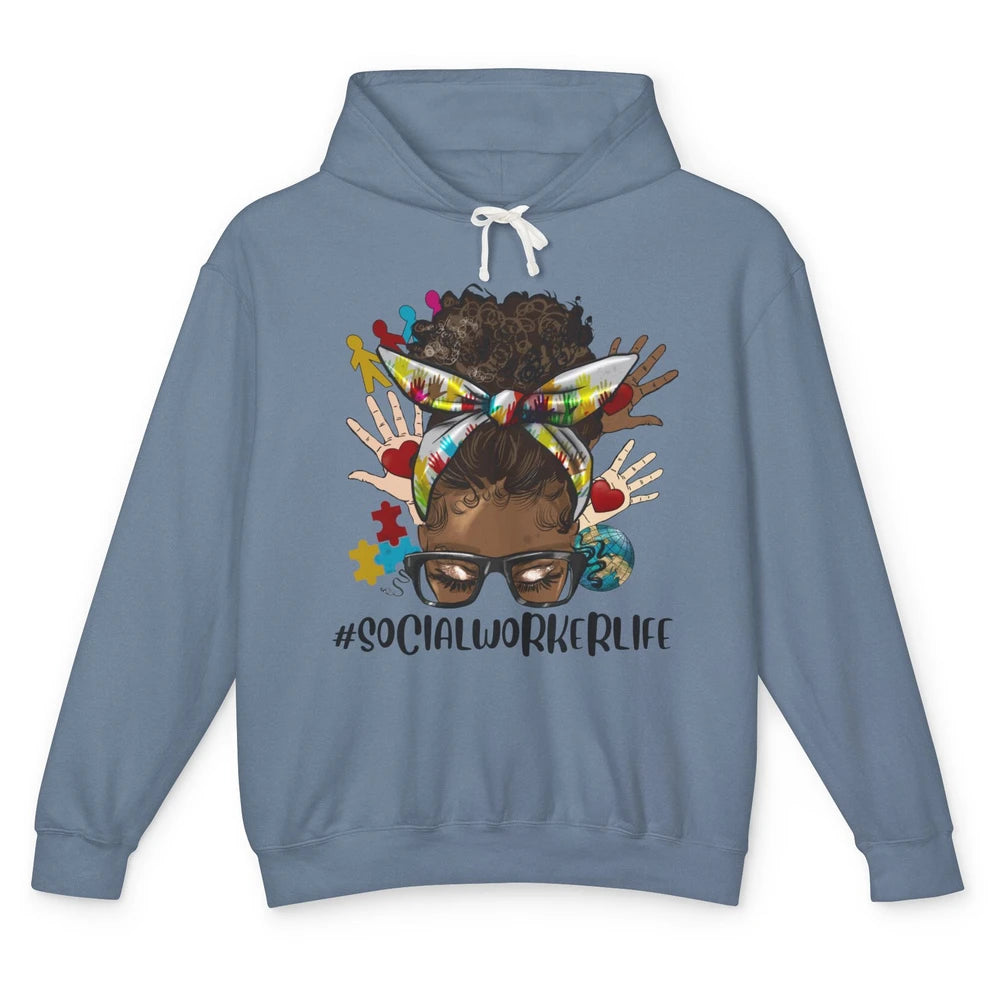 Social Worker Life Messy Bun Black Girl Glasses Be Kind Unisex Lightweight Hoodie