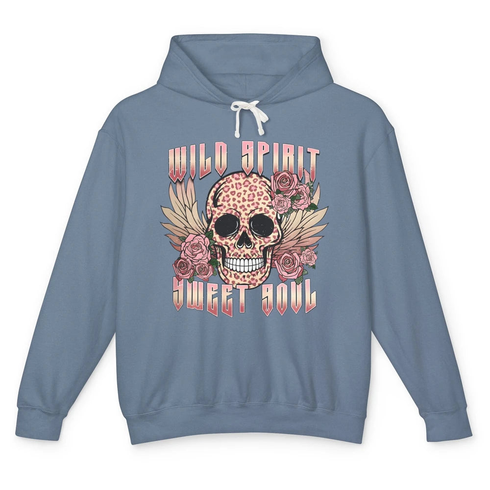 Wild Spirit Sweet Soul Skull Leopard Flowers Western Boho Unisex Lightweight Hoodie