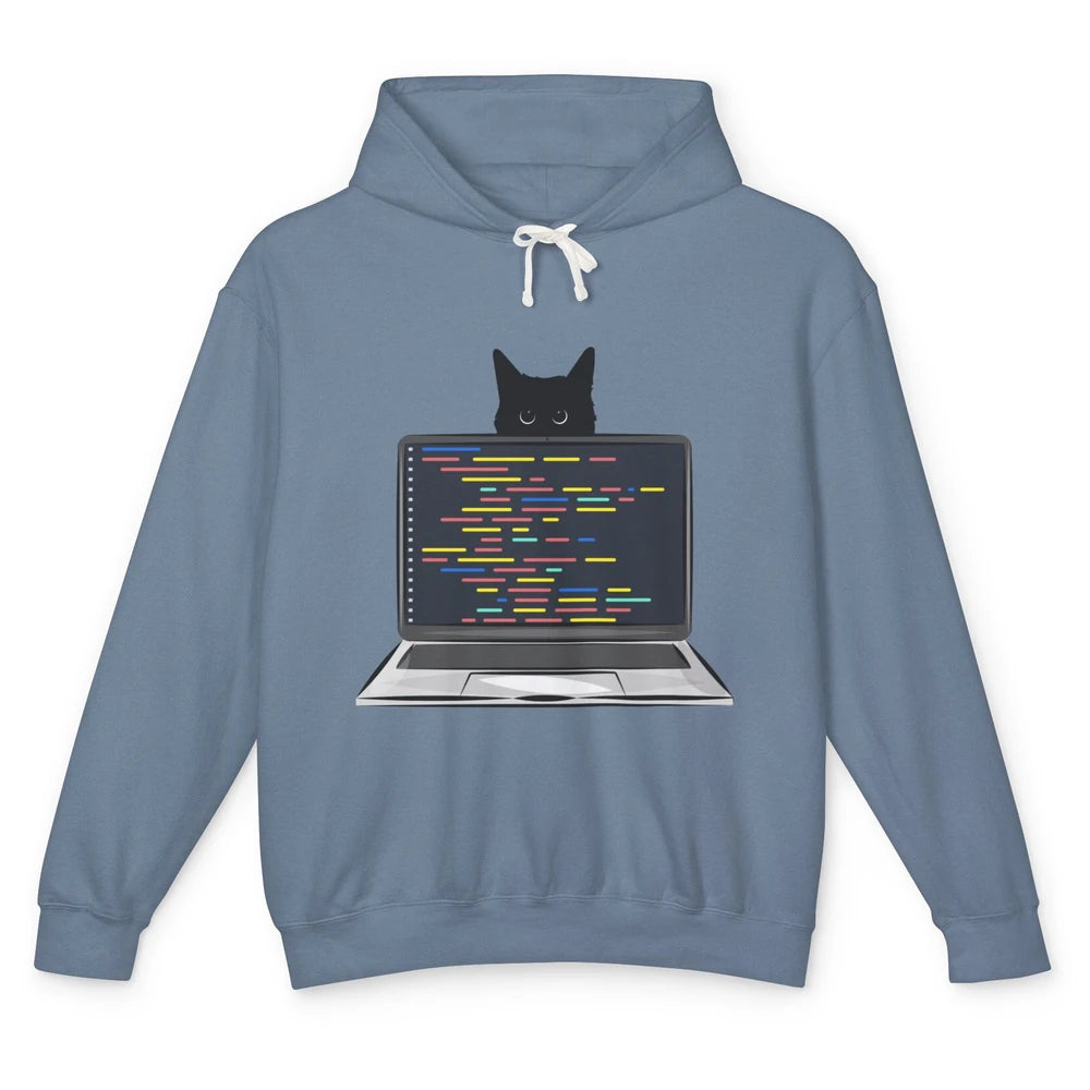 Funny Software Engineer Black Cat Coding Computer Code Humor Unisex Lightweight Hoodie