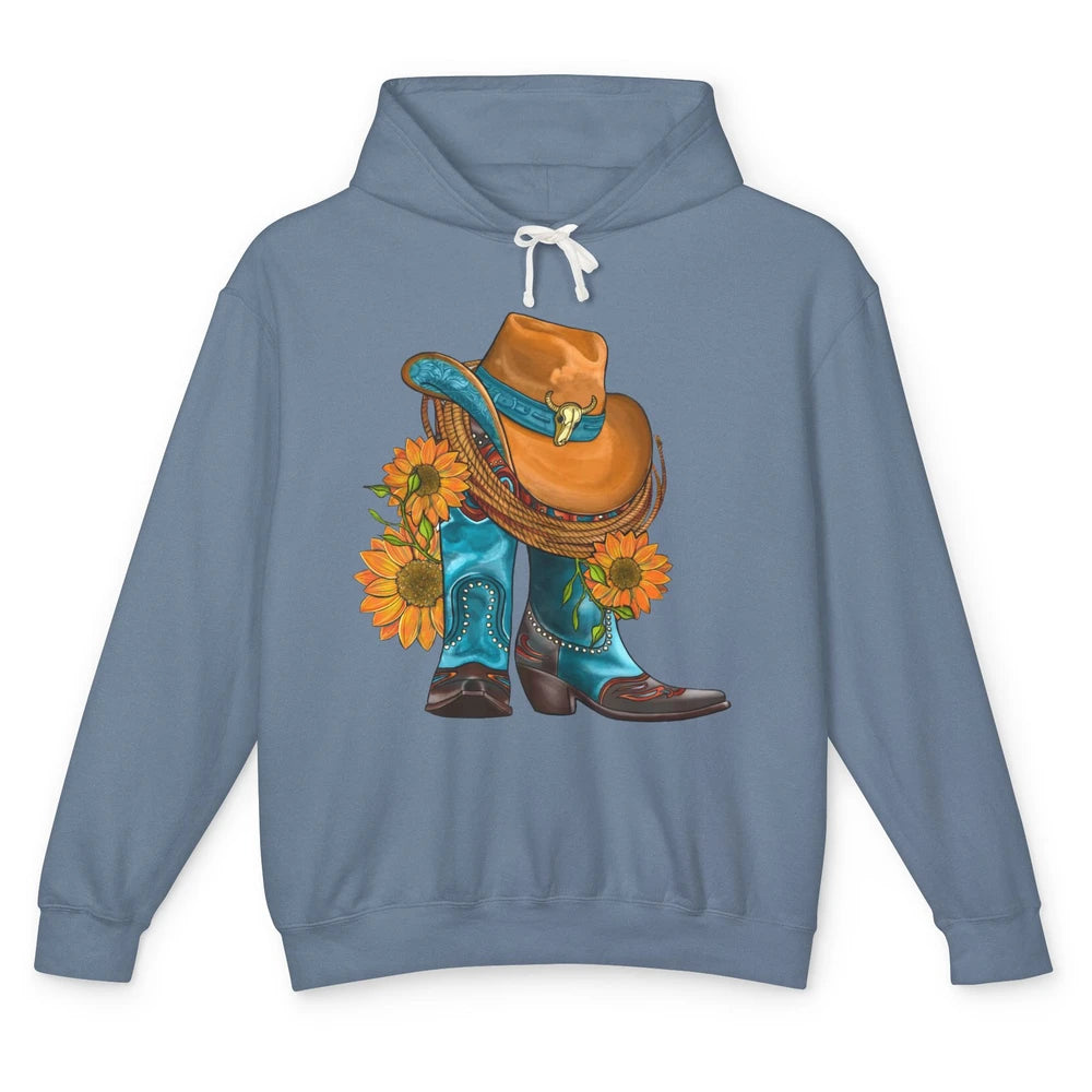 Sunflower Cowboy Boots And Hat Bull Skull Western Country Unisex Lightweight Hoodie