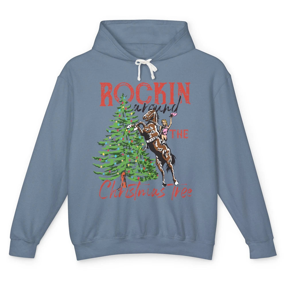 Funny Cowgirl Horsing Rocking Around Christmas Tree Western Unisex Lightweight Hoodie