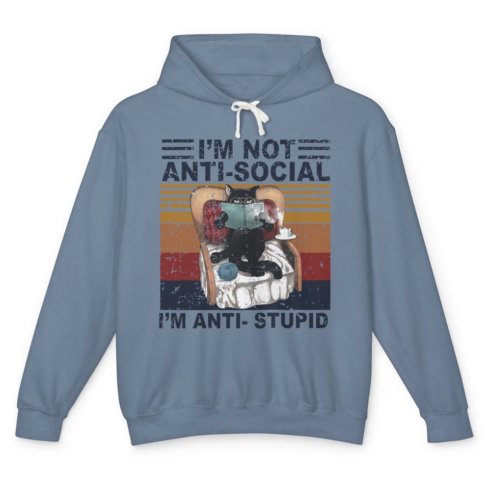 Retro Cat Reading I'm Not Anti-Social I'm Anti-Stupid Book Unisex Lightweight Hoodie