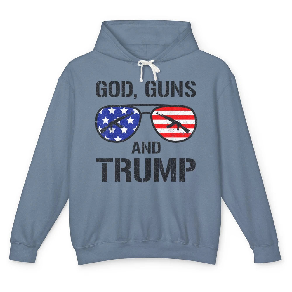 Funny God Guns Donald Trump Vote 2024 Glasses Republican Pun Unisex Lightweight Hoodie