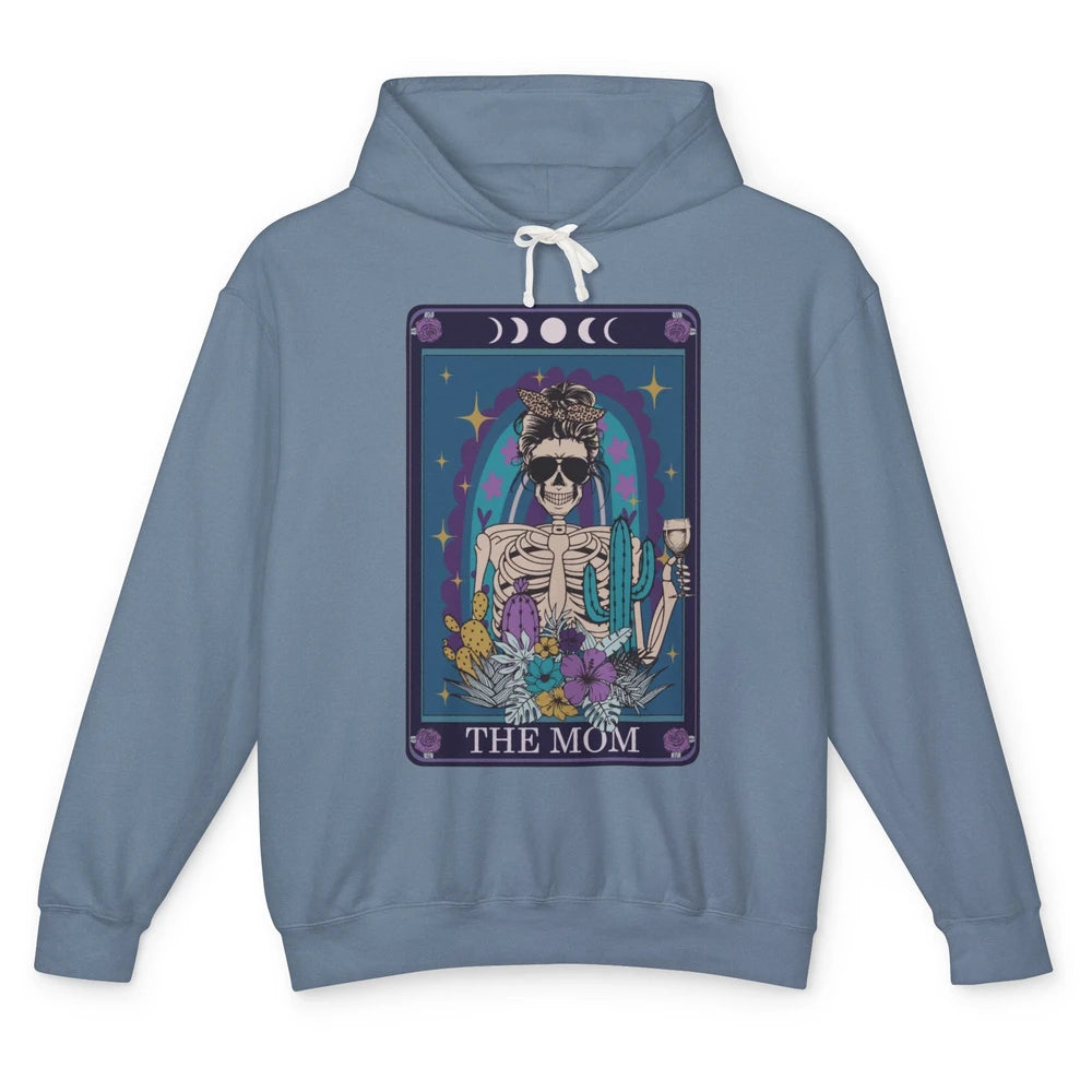 Skeleton Skull Messy Bun Mom Tarot Card The Mom Halloween Unisex Lightweight Hoodie