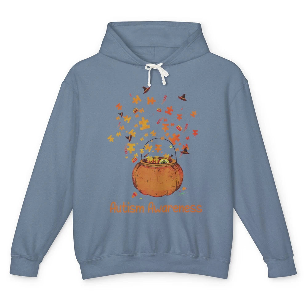 Halloween Autism Awareness Puzzle Piece Pumpkin Fall Unisex Lightweight Hoodie