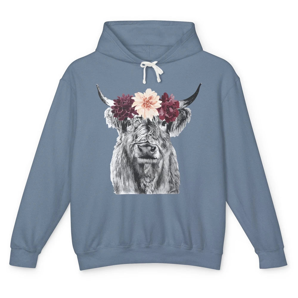 Heifer Highland Cow Flowers Farm Life Animal Floral Retro Unisex Lightweight Hoodie