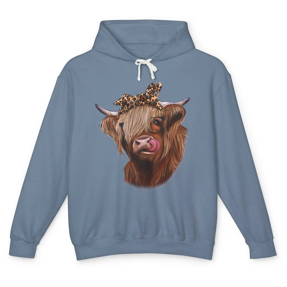 Highland Cow Glasses Leopard Bandana Western Farm Animals Unisex Lightweight Hoodie