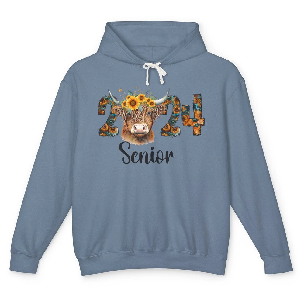 Sunflower Highland Cow Senior 2024 Graduate Bachelor Western Unisex Lightweight Hoodie