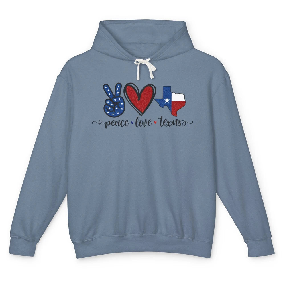 US Flag Peace Love Texas State Map Texan Pride Western Unisex Lightweight Hoodie