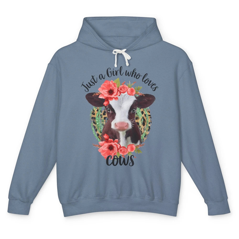 Cute Just A Girl Love Cow Heifer Floral Highland Cow Farm Unisex Lightweight Hoodie