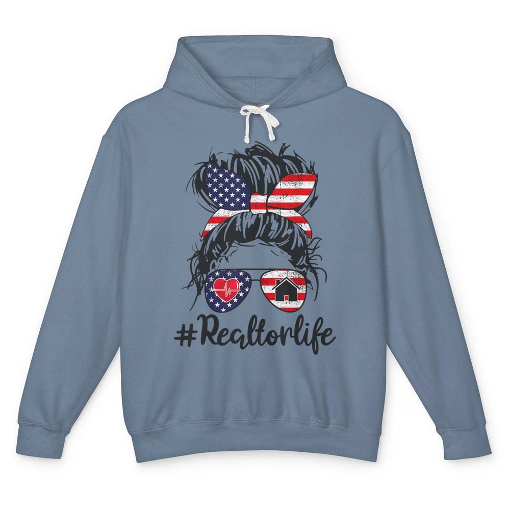 Messy Hair Bun 4th July Flag Realtor Life Real Estate Agent Unisex Lightweight Hoodie