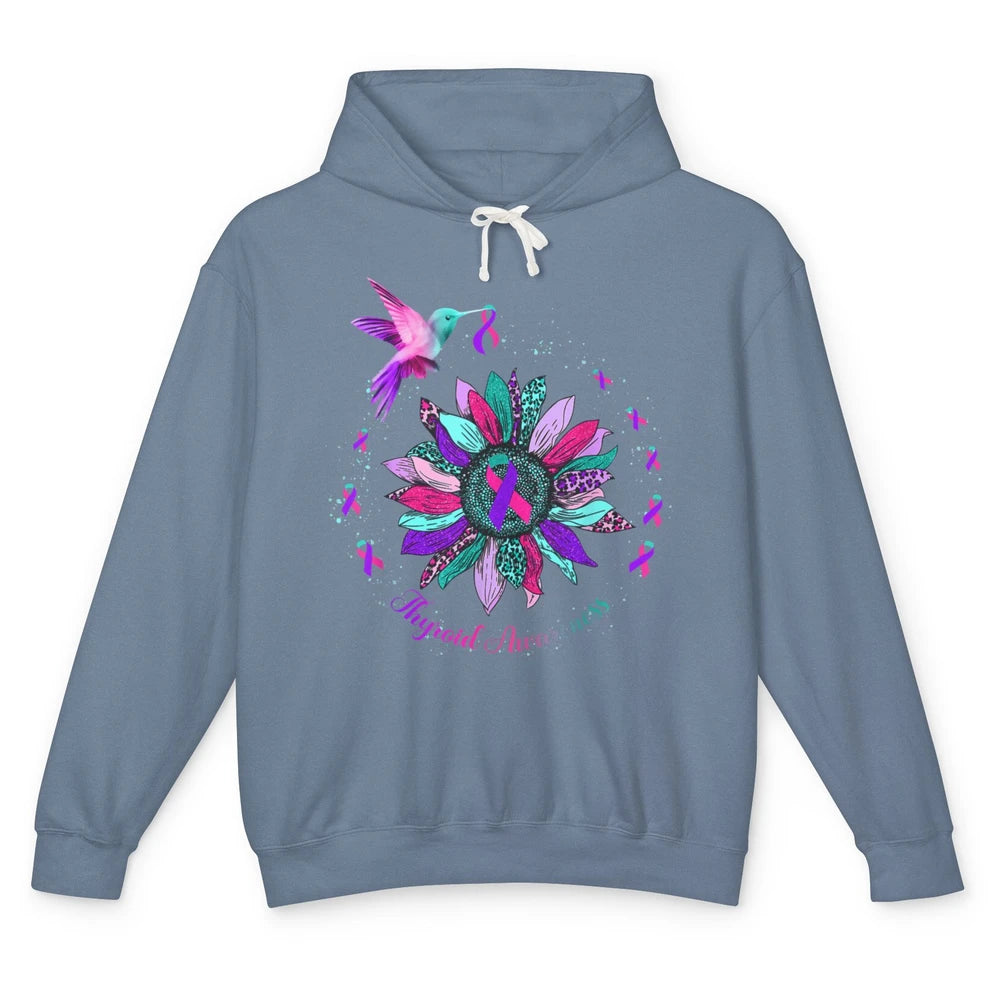 Hummingbird Sunflower Teal Ribbon Warrior Thyroid Cancer Unisex Lightweight Hoodie