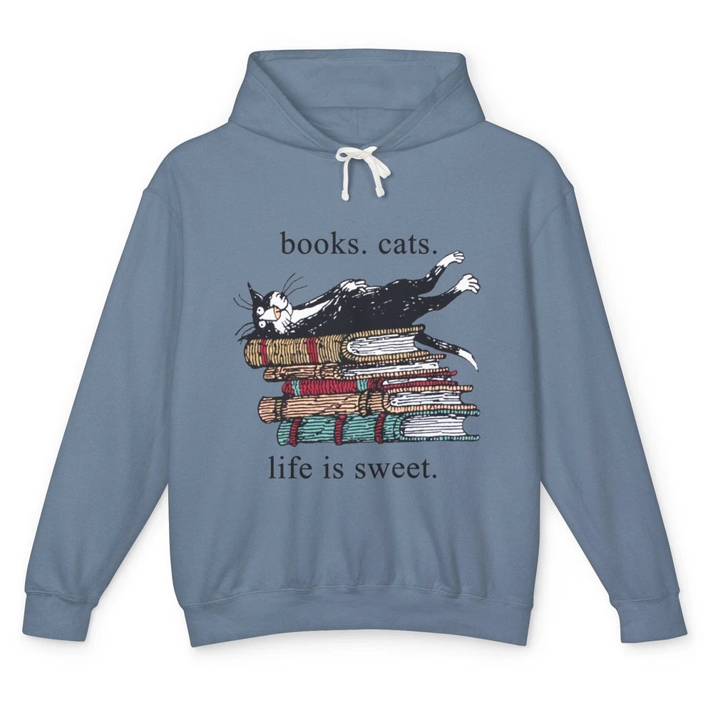 Books Cats Life Is Sweet Cat Book Lovers Reading Book Unisex Lightweight Hoodie