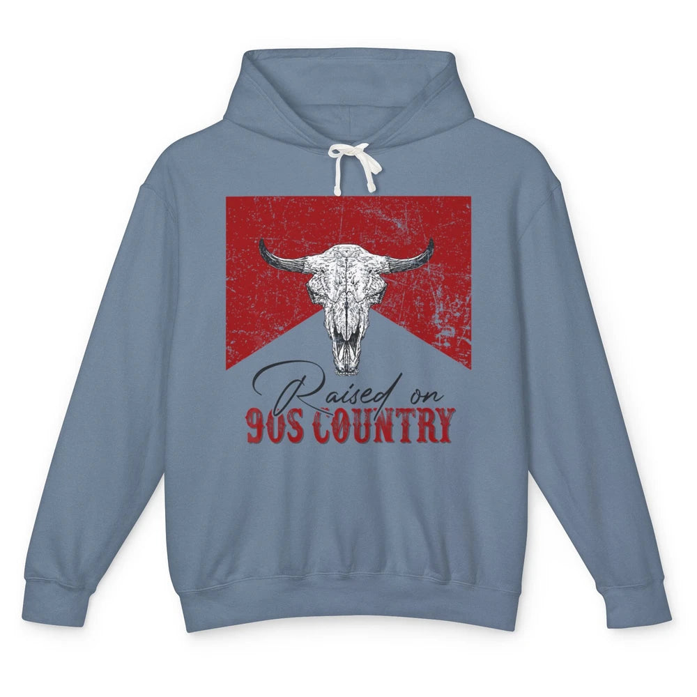 Raised On 90s Country Bull Skull Retro Western Country Rodeo Unisex Lightweight Hoodie