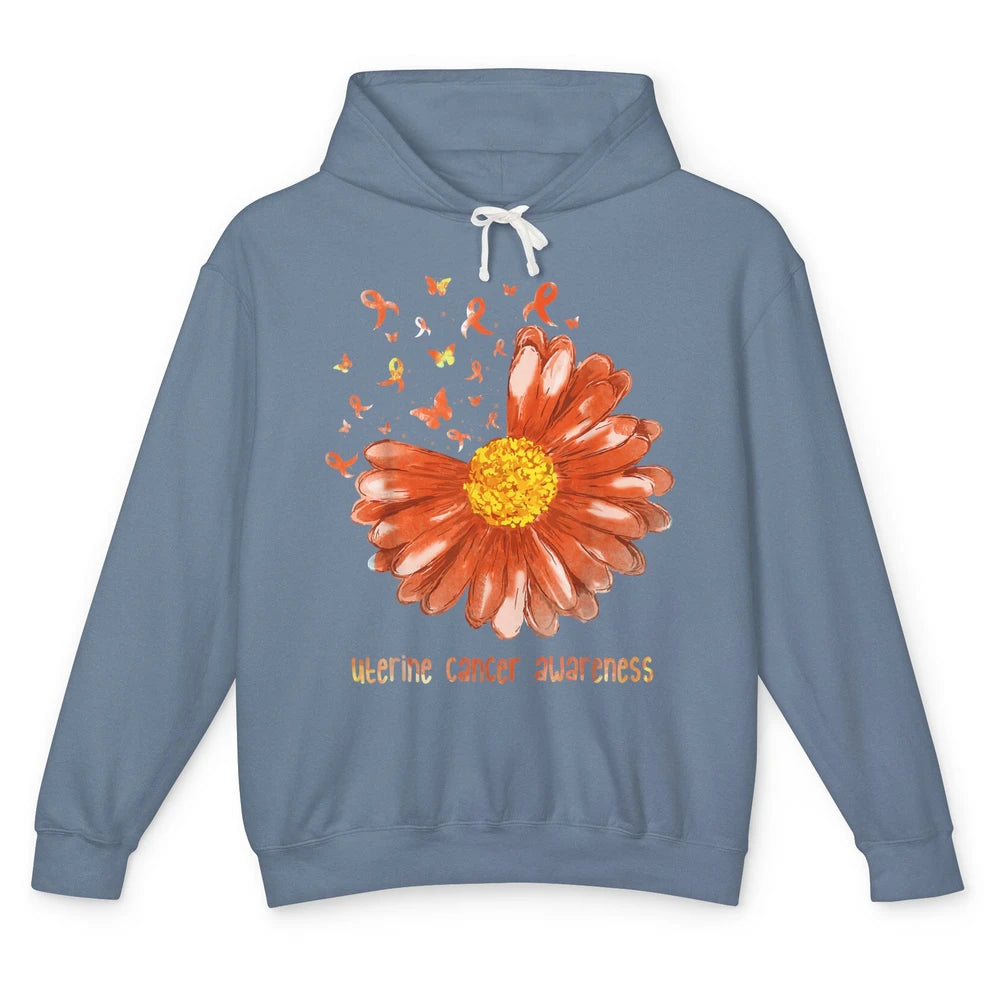 Daisy Butterfly Peach Ribbon Warrior Uterine Cancer Month Unisex Lightweight Hoodie