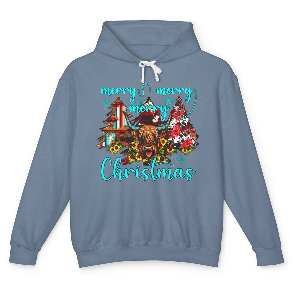 Highland Cow Merry Christmas Heifer Western Country Cowboy Unisex Lightweight Hoodie