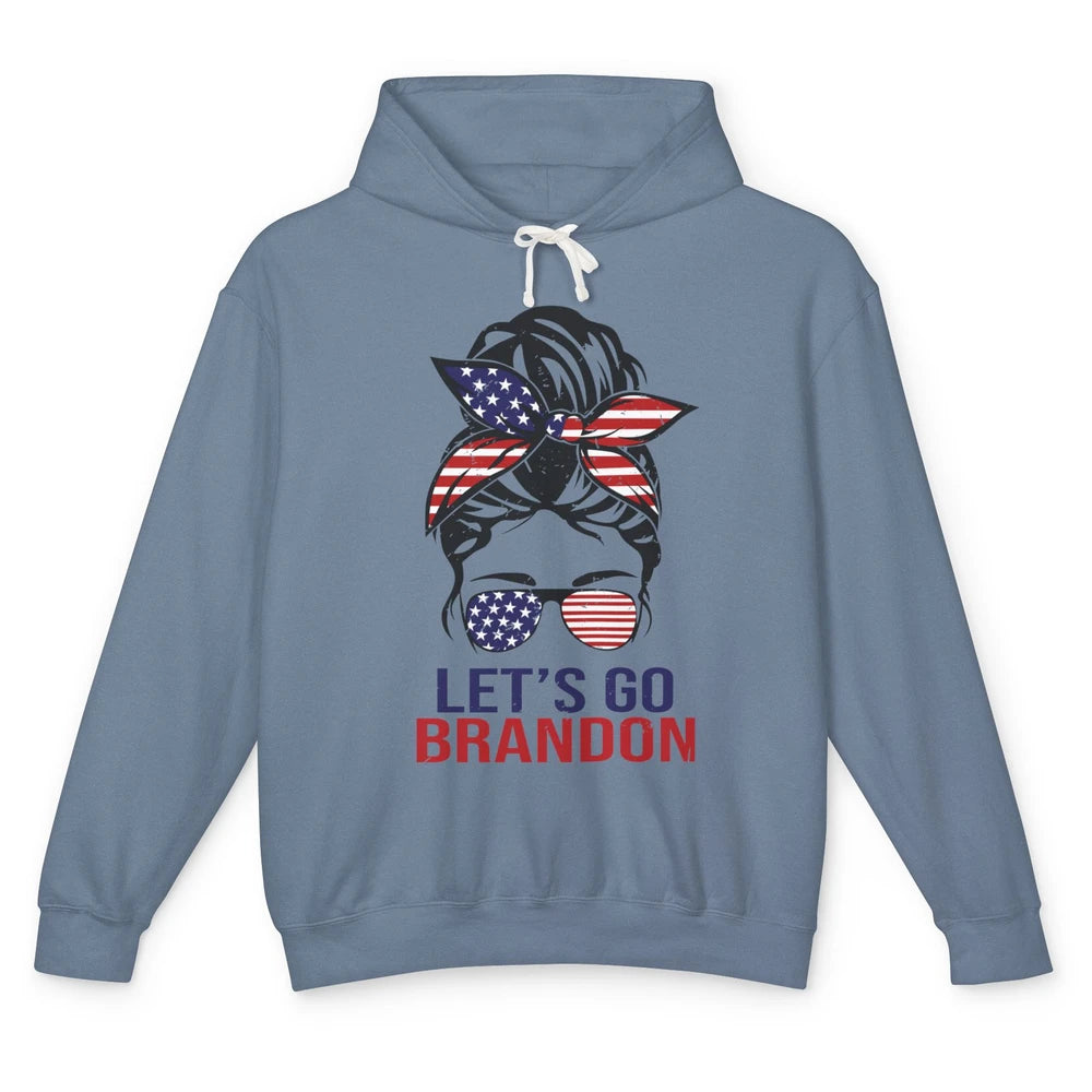 Retro US Flag Messy Bun Lets Go Brandon Conservative Liberal Unisex Lightweight Hoodie