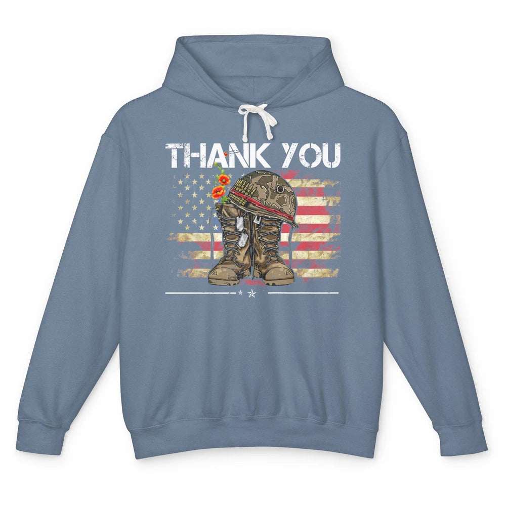 Vintage Veteran US Flag Thank You Military Boot Memorial Day Unisex Lightweight Hoodie