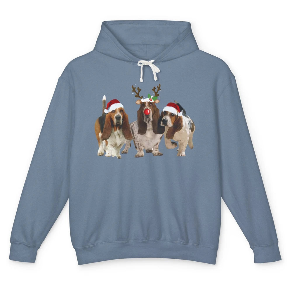 Basset Hound Santa Hats And Reindeer Horns Christmas Dog Mom Unisex Lightweight Hoodie