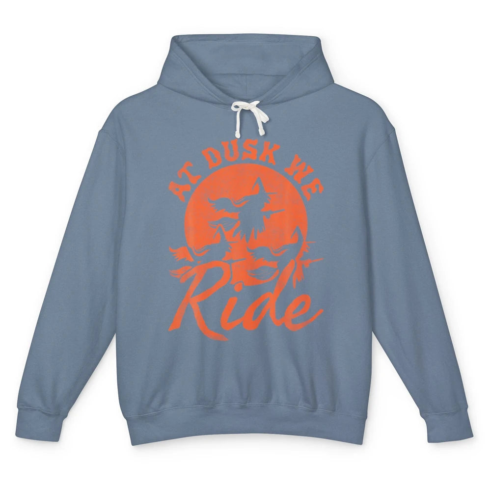 At Dusk We Ride Witch Hat Broom Moon Halloween Spooky Season Unisex Lightweight Hoodie