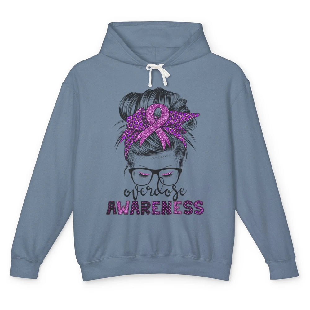 Overdose Awareness Messy Hair Bun Purple Leopard Warrior Unisex Lightweight Hoodie