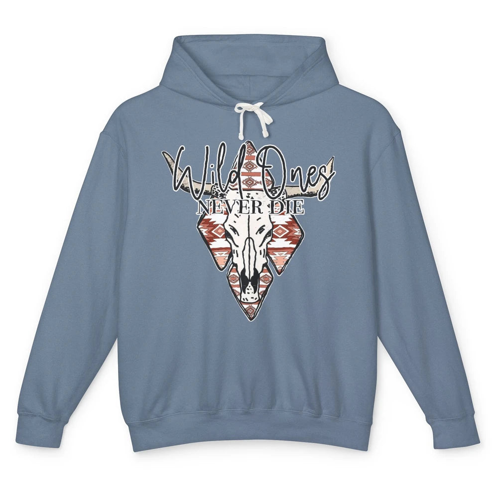 Retro Bull Skull Aztec Wild Ones Never Die Western Country Unisex Lightweight Hoodie