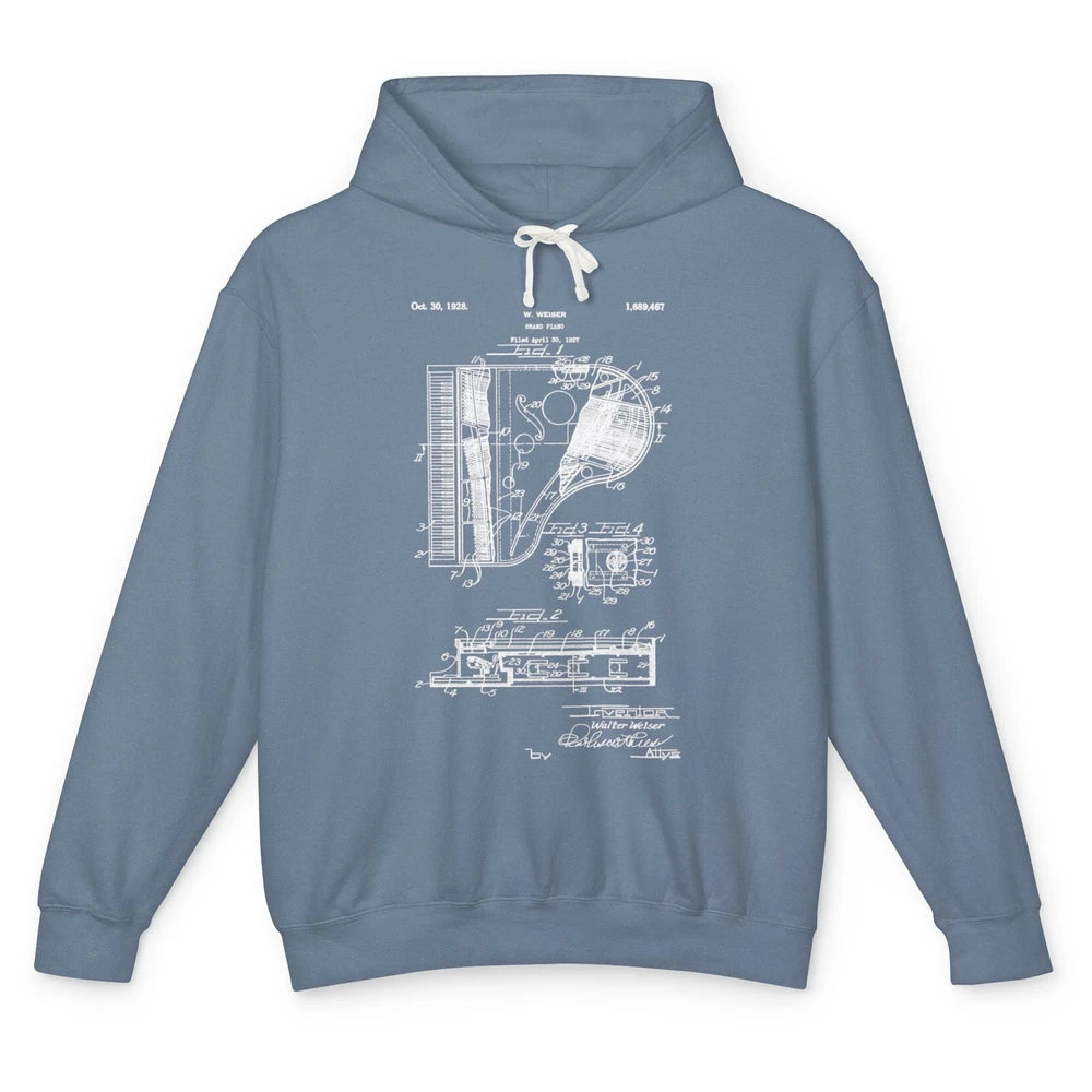 Piano Patent Style Vintage Grand Pianist Line Art Drawing Unisex Lightweight Hoodie