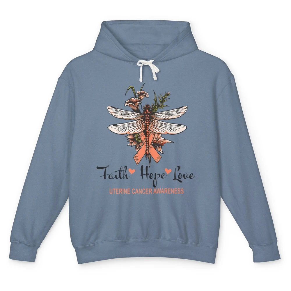 Faith Hope Love Dragonfly Peach Uterine Cancer Awareness Unisex Lightweight Hoodie