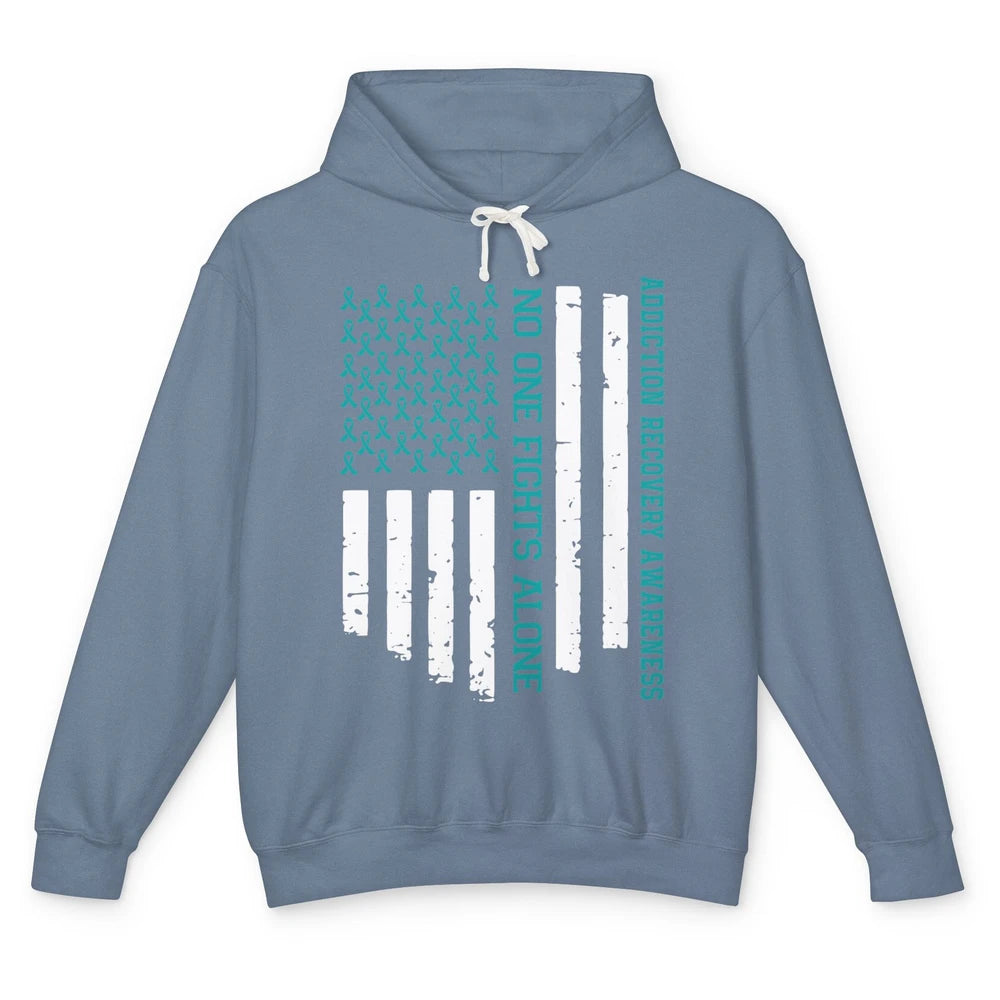 Addiction Recovery Awareness Teal Ribbon No One Fiht Alone Unisex Lightweight Hoodie