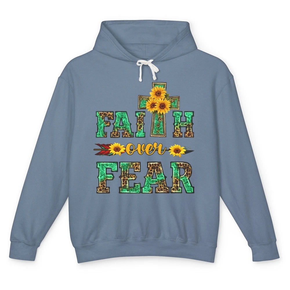 Leopard Sunflower Cross Faith Over Fear Christian Religious Unisex Lightweight Hoodie