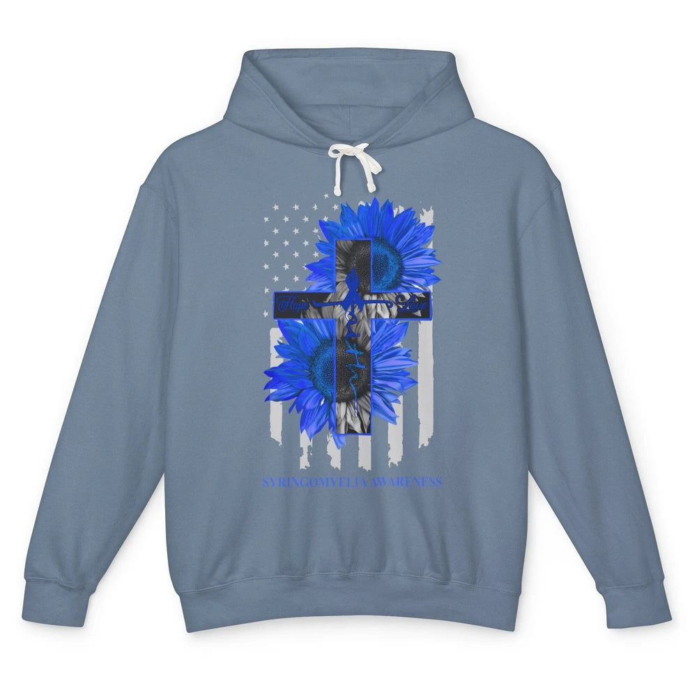 Syringomyelia Awareness Faith Hope Love Blue Ribbon US Flag Unisex Lightweight Hoodie