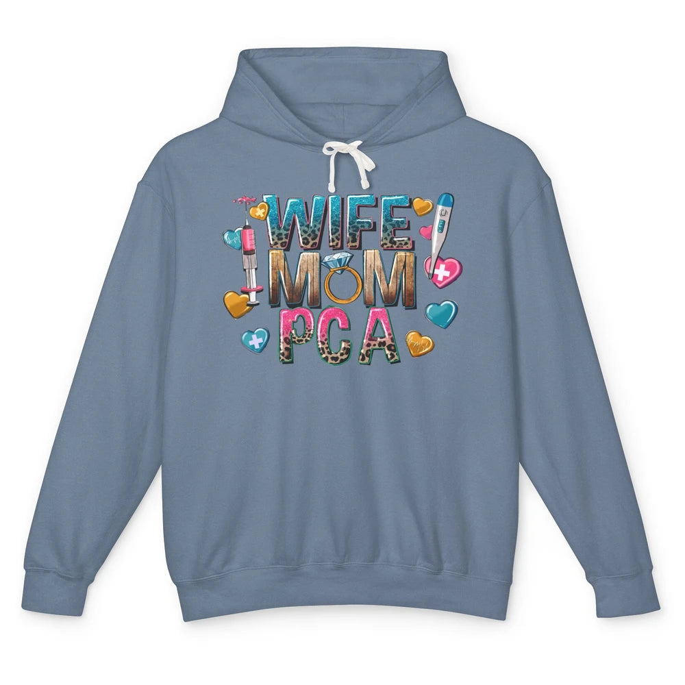 Wife Mom PCA Leopard Heart Western PCA Valentines Day Nurse Unisex Lightweight Hoodie