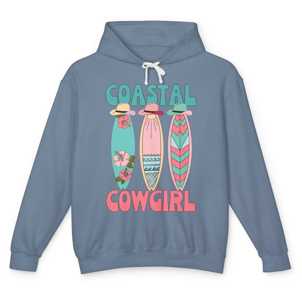 Retro Coastal Cowgirl Surfboards Western Cowgirl Beach Life Unisex Lightweight Hoodie