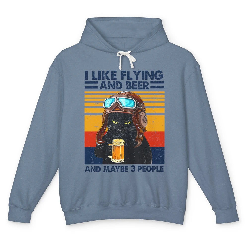 Funny Black Cat Skydiving I Like Flying Beer Maybe 3 People Unisex Lightweight Hoodie