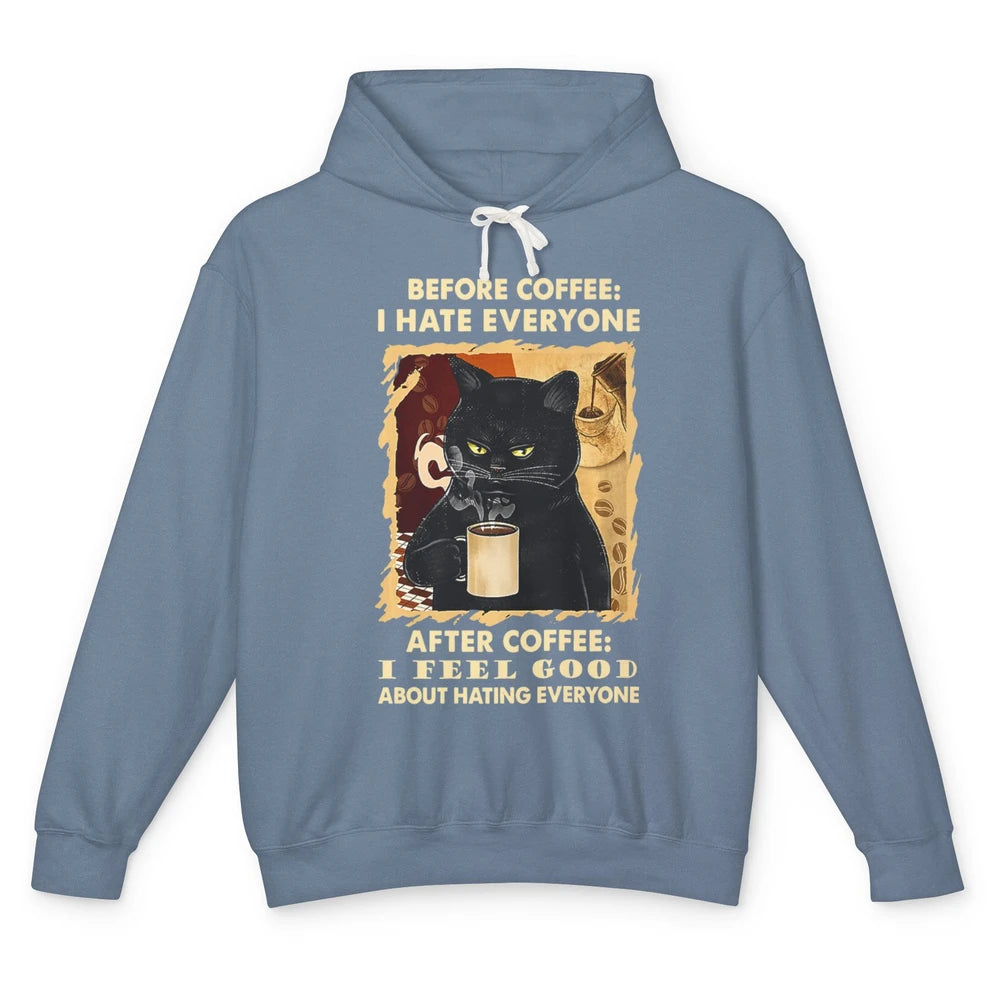 Funny Before Coffee Hate Everyone Black Cat Sarcastic Retro Unisex Lightweight Hoodie