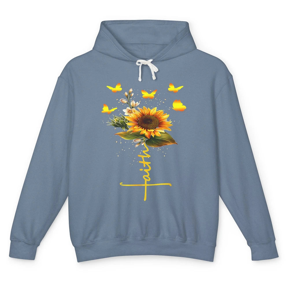 Vintage Faith Cross Sunflower Butterfly Christian Jesus God Unisex Lightweight Hoodie