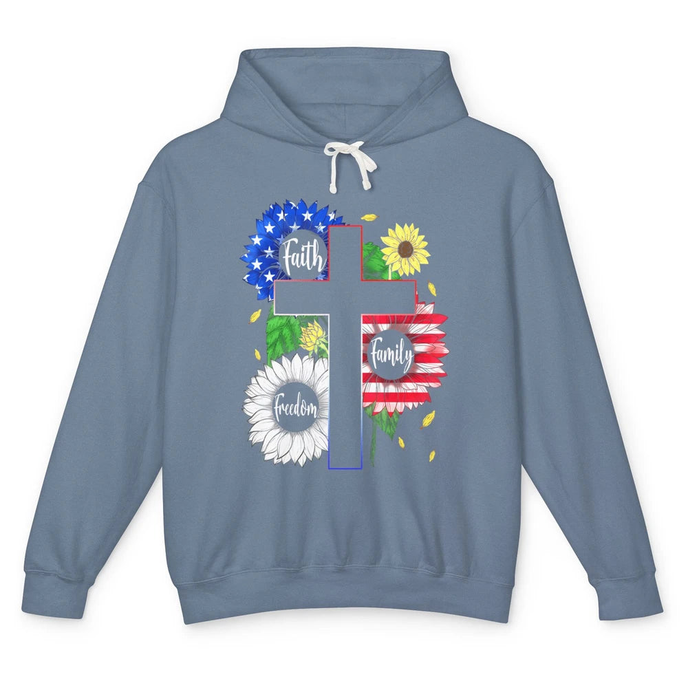 4th July American Flag Cross Faith Family Freedom Christian Unisex Lightweight Hoodie