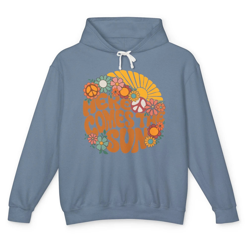 Here Comes The Sun Hippie Sunflower Positive Mind And Life Unisex Lightweight Hoodie