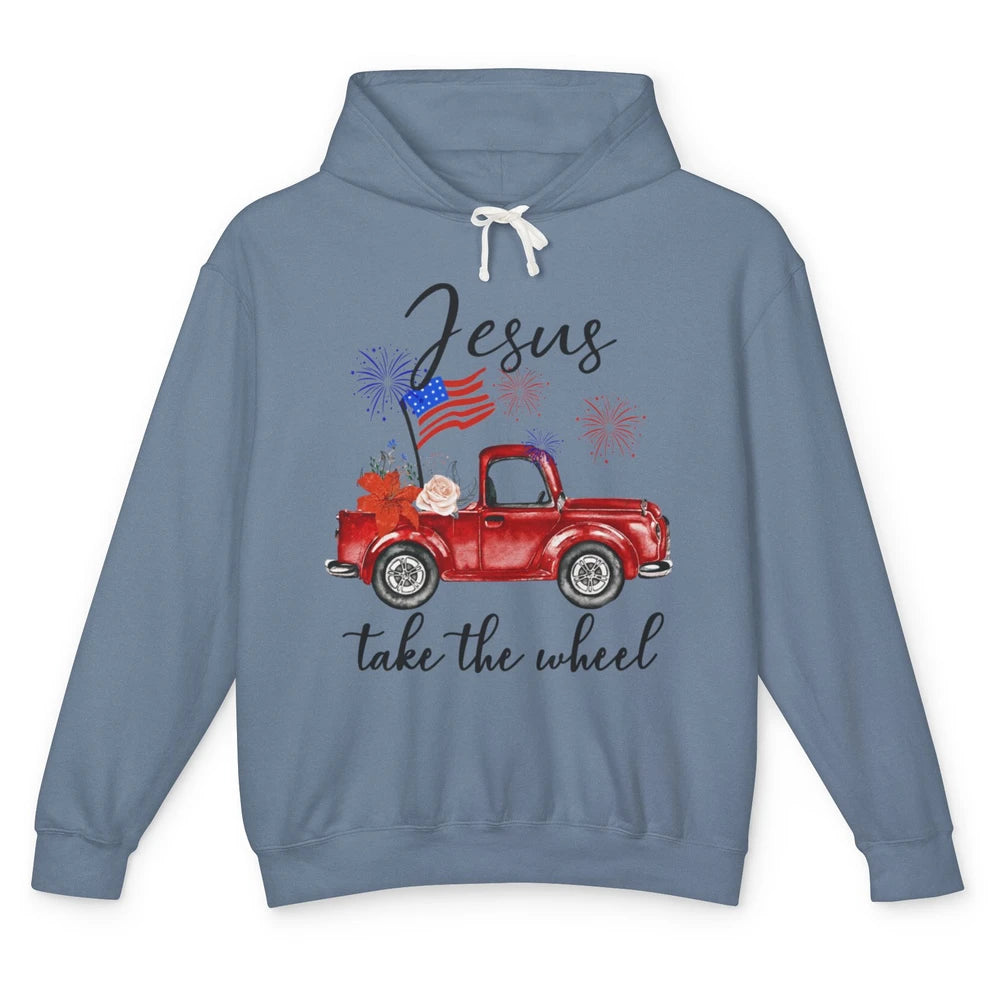 4th Of July Jesus Take The Wheel Red Truck Watercolor God Unisex Lightweight Hoodie