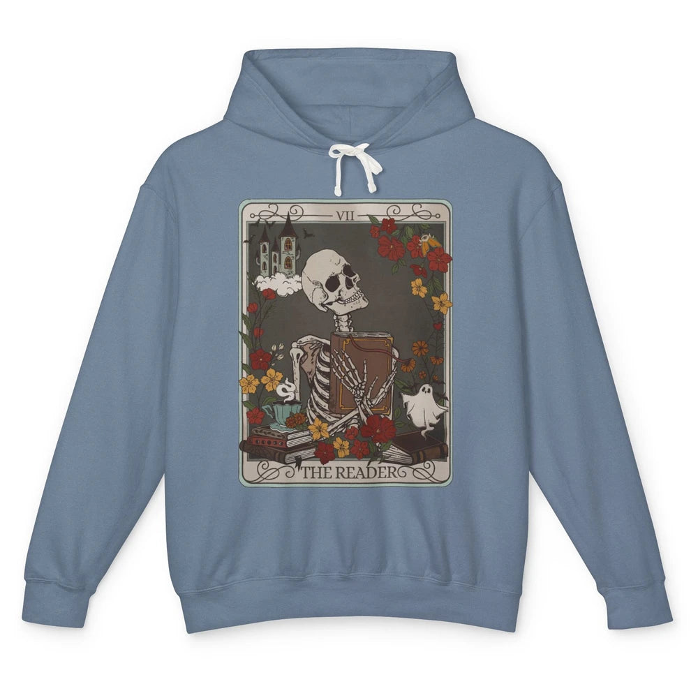 Retro Skeleton Reading Books The Reader Tarot Card Halloween Unisex Lightweight Hoodie