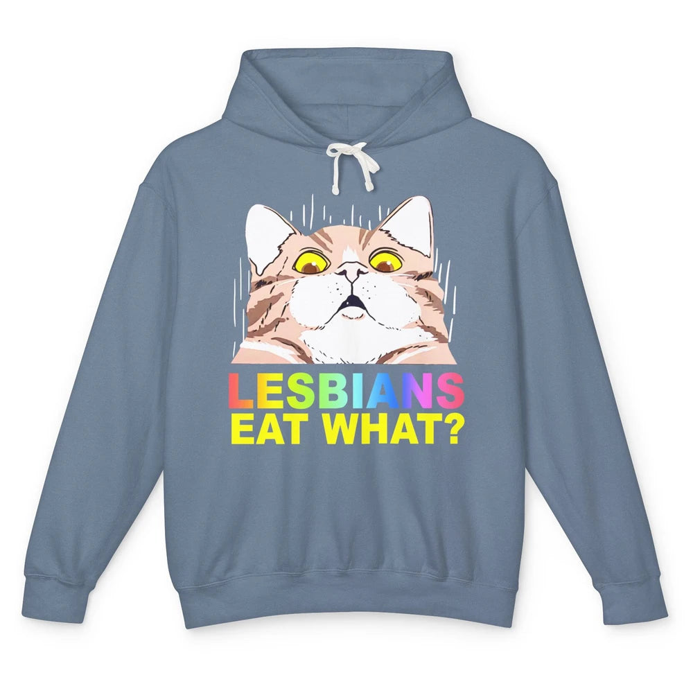 Funny Black Cat Lesbians Eat What LGBTQ Sarcastic Cat Mom Unisex Lightweight Hoodie