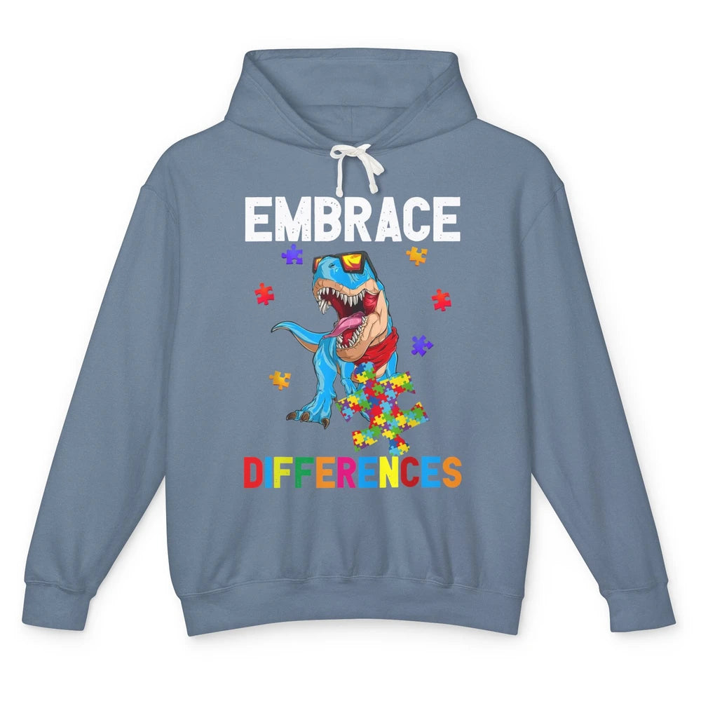 Autism Awareness Dinosaur Puzzle Piece Embrace Differences Unisex Lightweight Hoodie