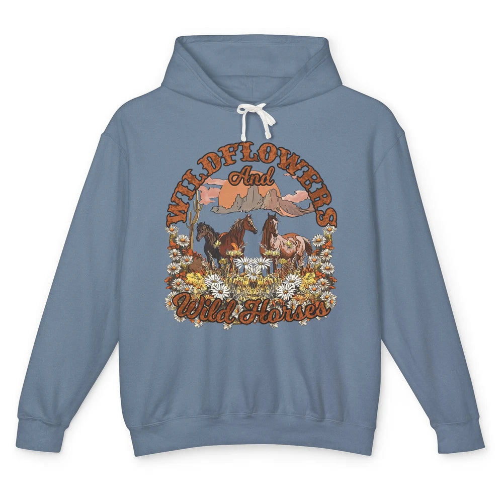 Retro Floral Desert Wildflowers Wild Horses Western Country Unisex Lightweight Hoodie