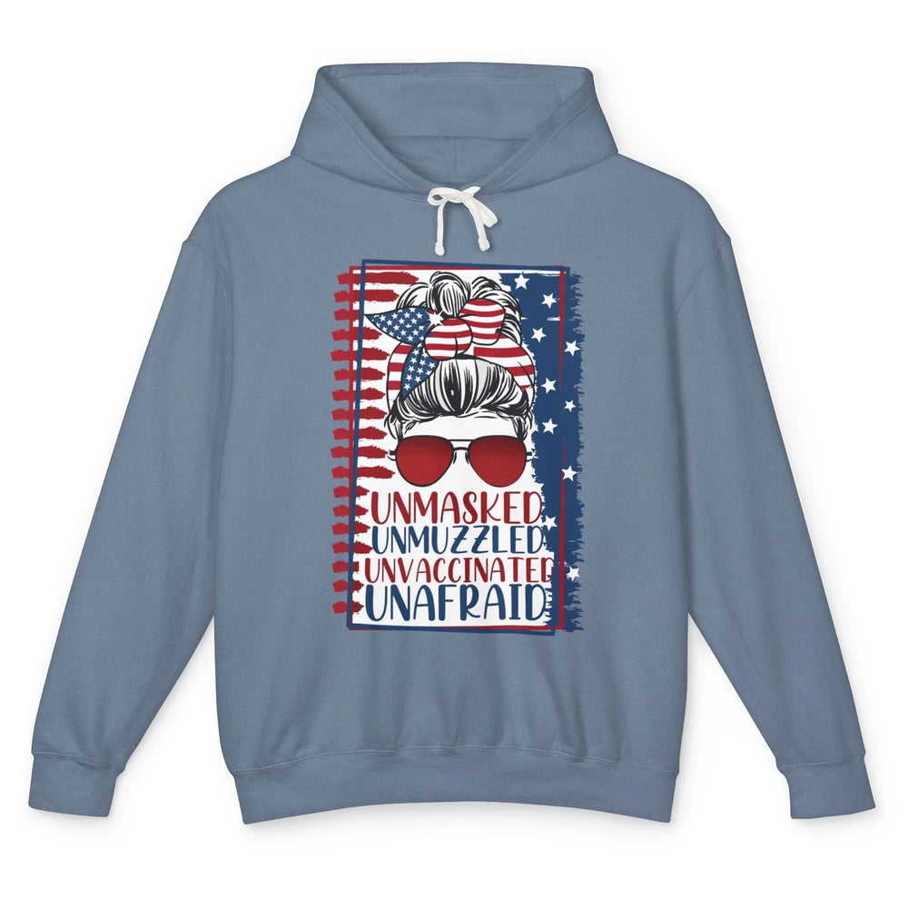 Unmasked Unmuzzled Unvaccinated Unafraid US Flag Messy Bun Unisex Lightweight Hoodie