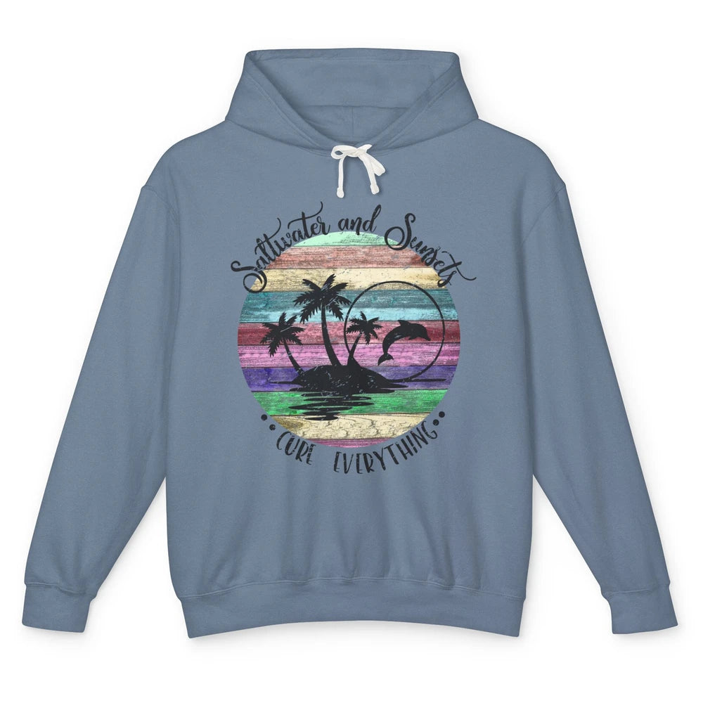 Retro Beach Sunset Saltwater and Sunsets Cure Everything Unisex Lightweight Hoodie