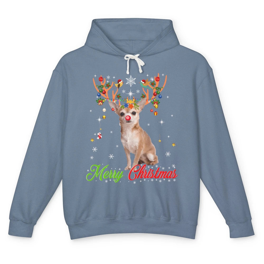 Merry Christmas Chihuahua Dog Santa Hat Xmas Reindeer Lights Unisex Lightweight Hoodie