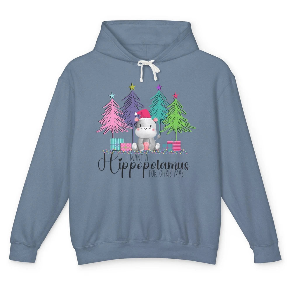 I Want A Hippopotamus For Christmas Tree Hippo Doodle Draw Unisex Lightweight Hoodie