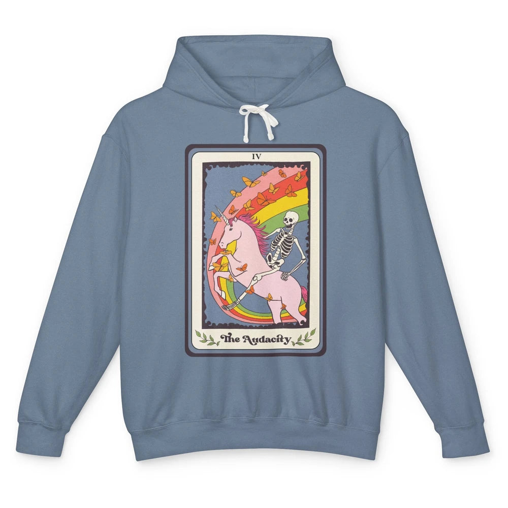 Retro Skeleton Rides Unicorn The Audacity Tarot Card Rainbow Unisex Lightweight Hoodie