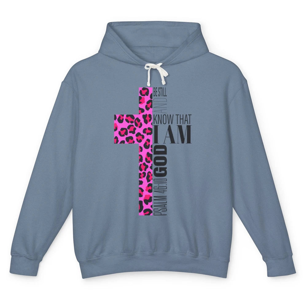 Religious Cute Be Still Bible Christian Pink Cheetah Cross Unisex Lightweight Hoodie